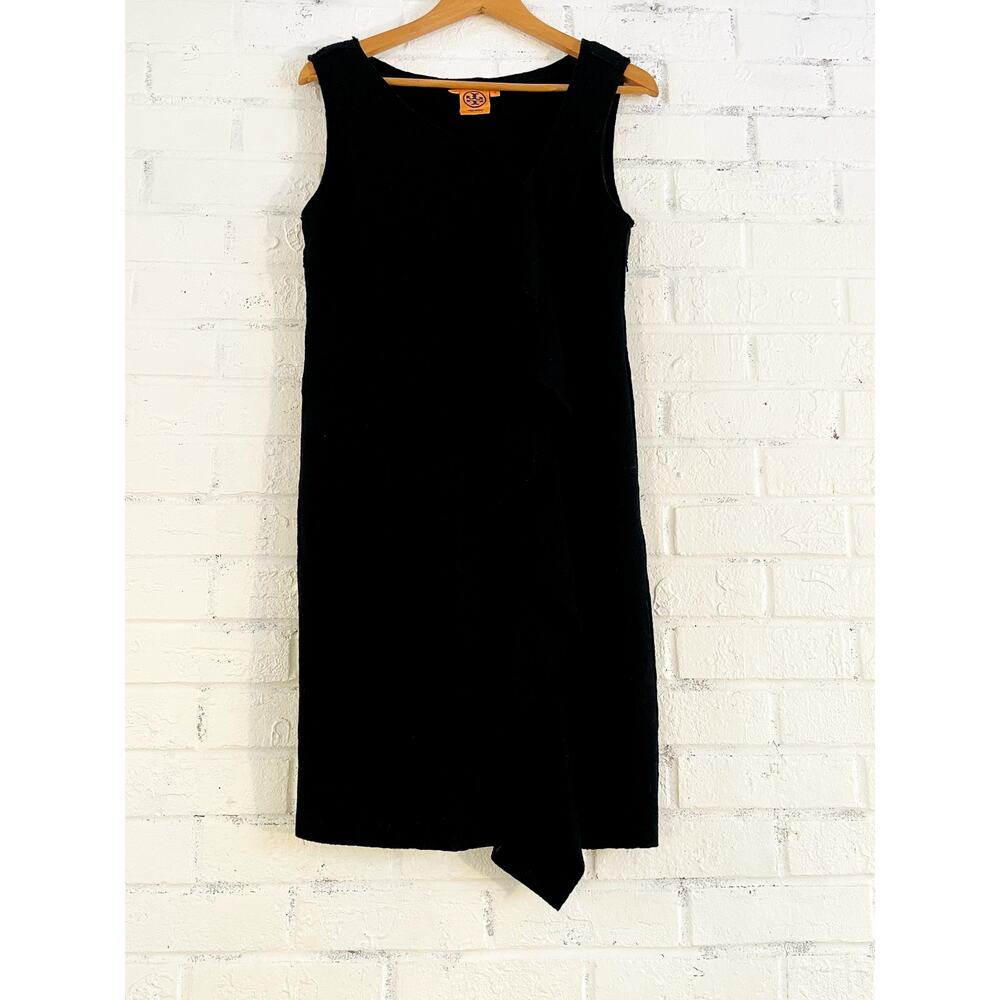 Tory Burch Black 100% Wool Cocktail Dress Asymmetrical Ruffle Sleeveless Size M